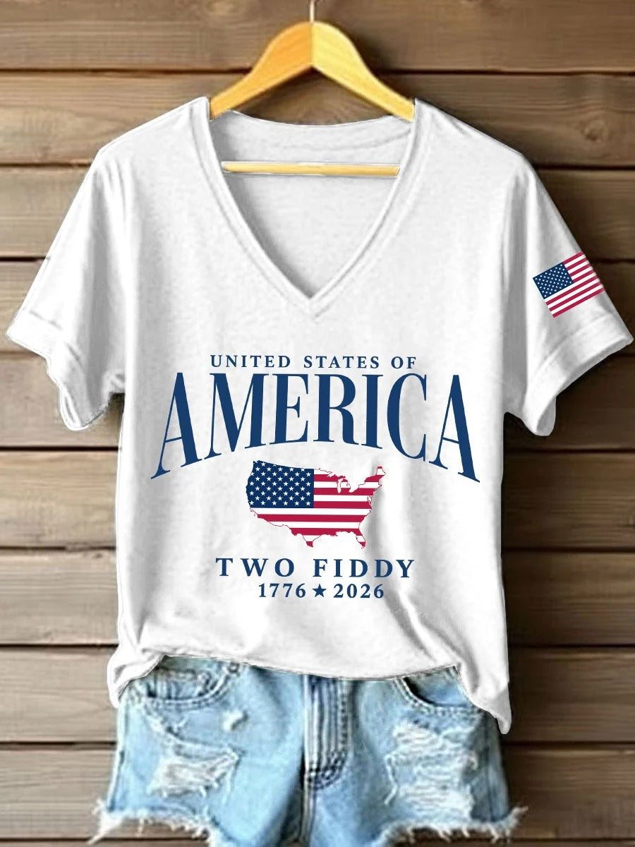 Vintage United States Of America Map Women's V-Neck T-Shirt, Women's American Flag Shirt, America Shirt