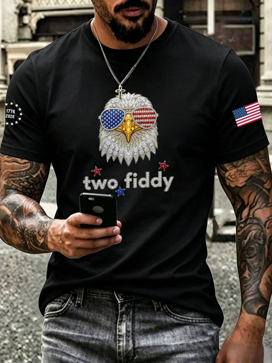 Funny Rhinestone Bald Eagle Two Fiddy T-Shirt For Men, USA Flag Shirt, Americana Shirt