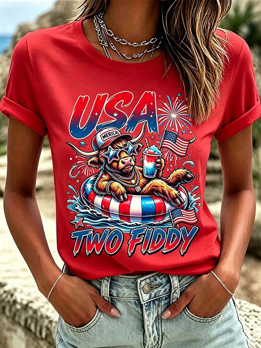 Patriotic Highland Cow USA Two Fiddy Women's T-Shirt, Women’s Patriotic Shirt, Graphic Tees For Women