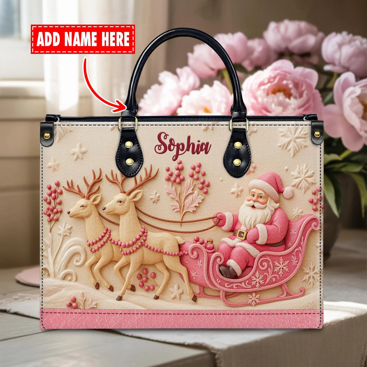Custom Pink Santa Sleigh Leather Handbag, Holiday Purse, Christmas Gift For Her