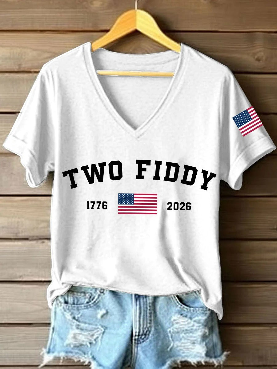 Minimalist Two Fiddy Flag Women's V-Neck T-Shirt, Women’s American Flag Shirt, Graphic Tees For Women