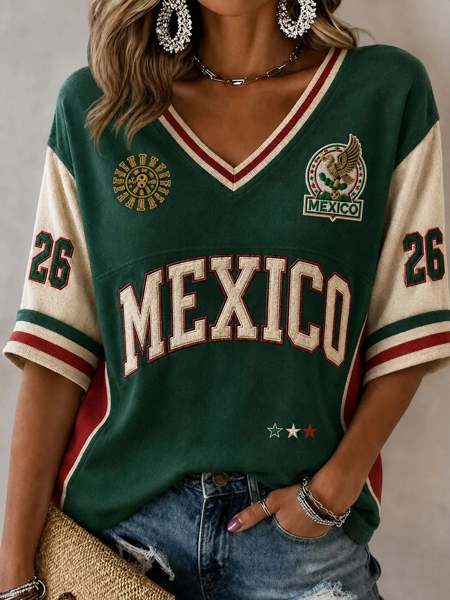 Mexico Eagle Patch V Neck Jersey Shirt, Women's Football Fan Tee, World Soccer Shirt
