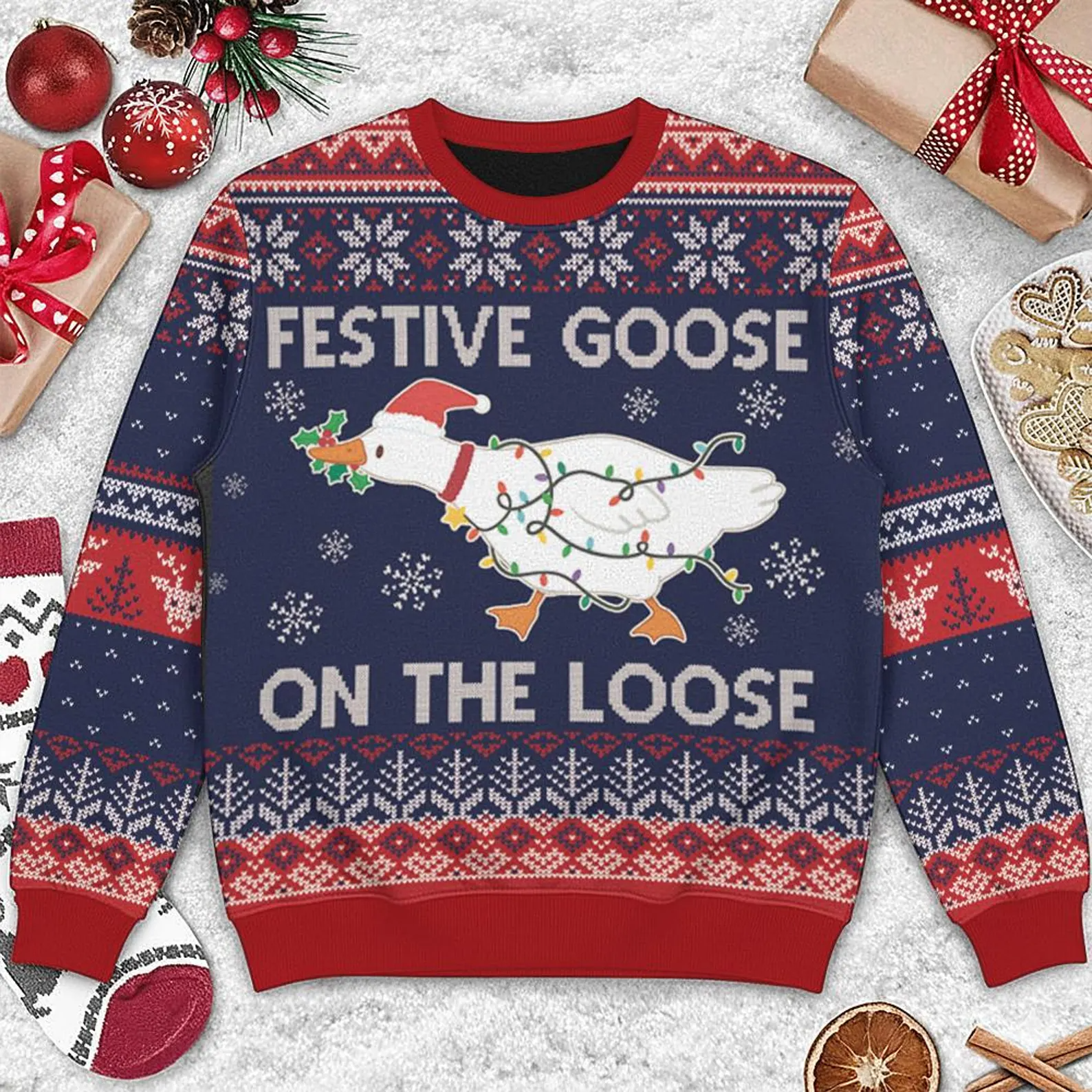 Festive Goose On The Loose Christmas Sweater, Christmas Ugly Sweatshirt, Humorous Ugly Sweater
