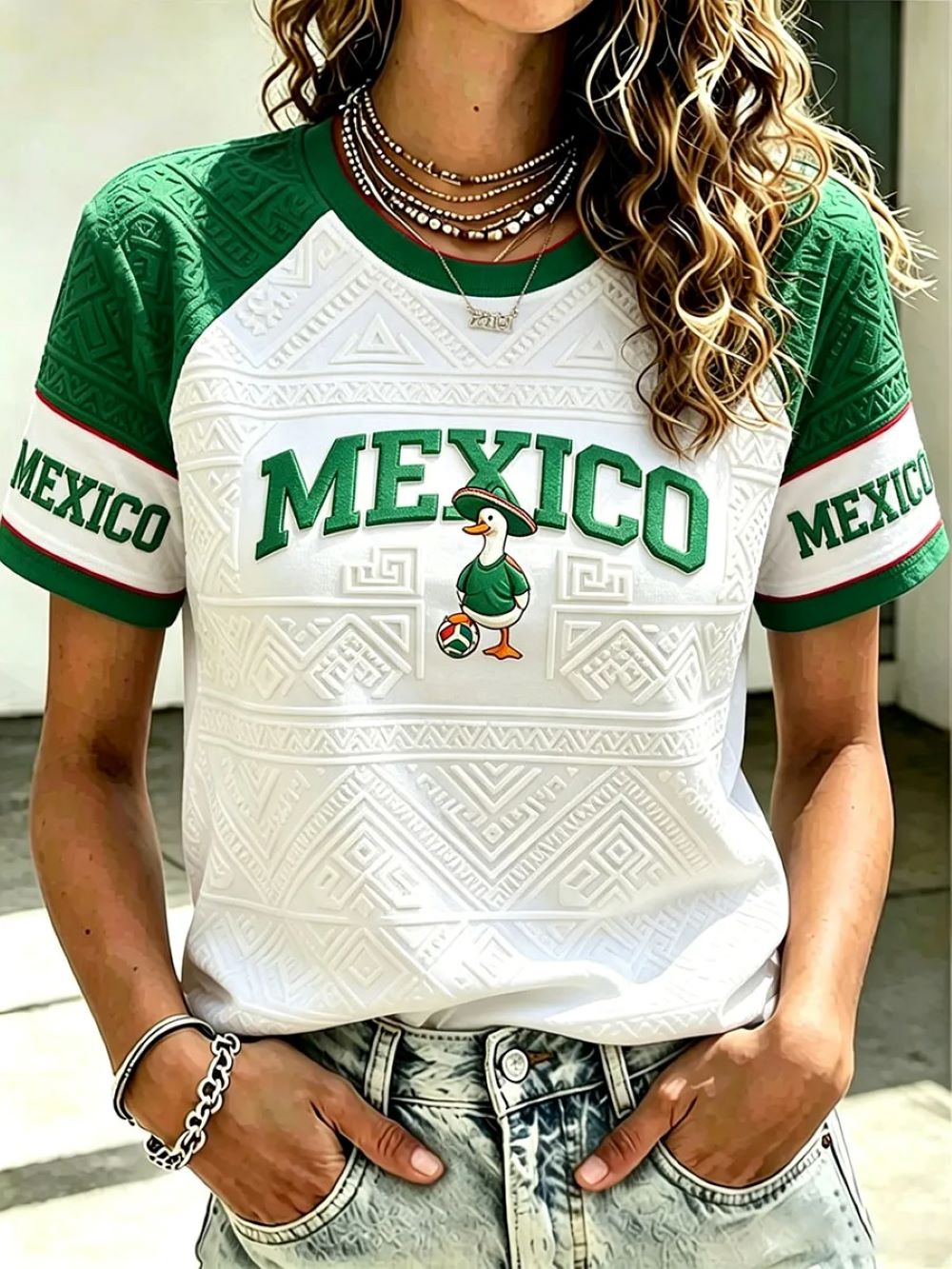 Mexico Aztec Pattern Raglan T Shirt, Women's Mexico Soccer Fan Tee, World Soccer Shirt