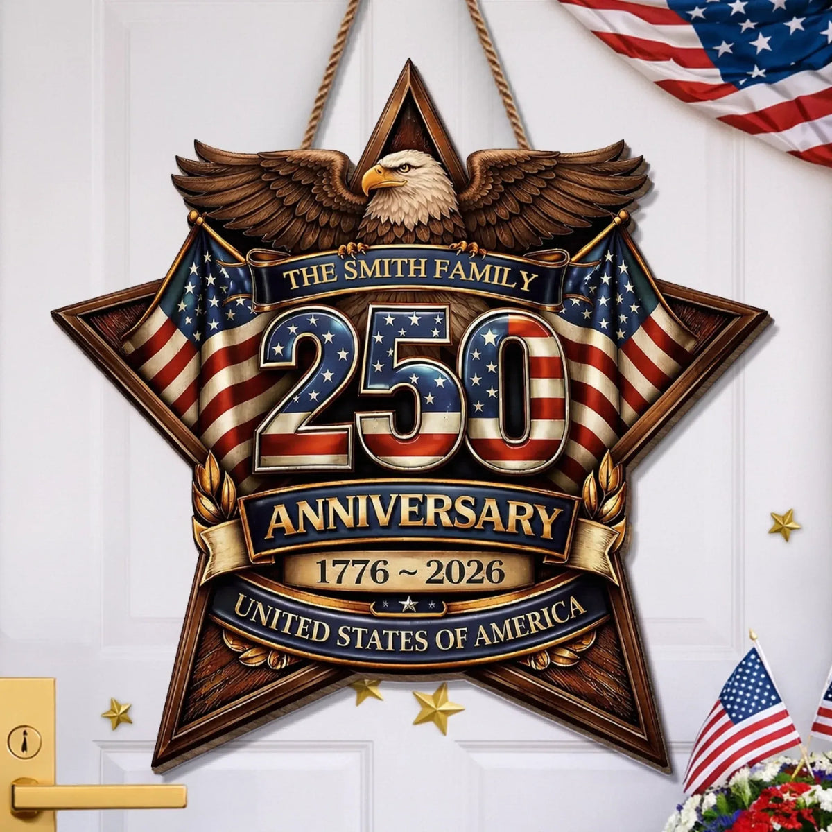 Personalized USA 250 Family Eagle Custom Wood Sign, Patriotic Wall Art, American Gift