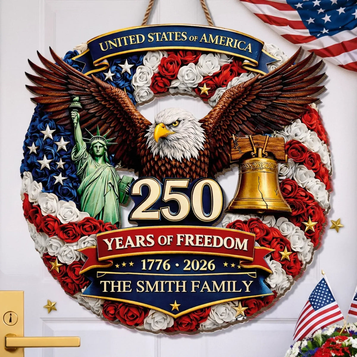 Personalized America 250 Eagle Liberty Custom Wood Sign, July 4th Door Decor, Family Gift