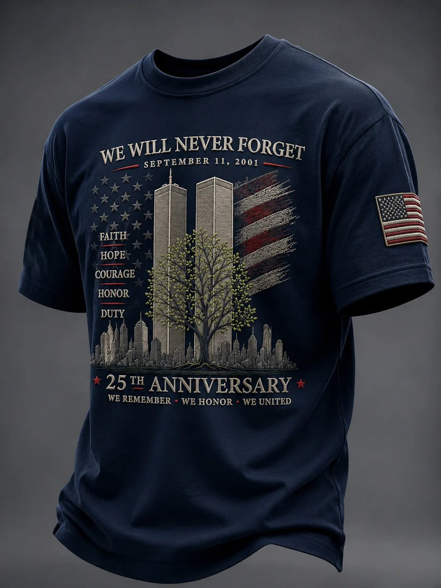 We Will Never Forget 9/11 Memorial Shirt, Faith Duty Honor Shirt, 25th Anniversary Patriotic Men Tee