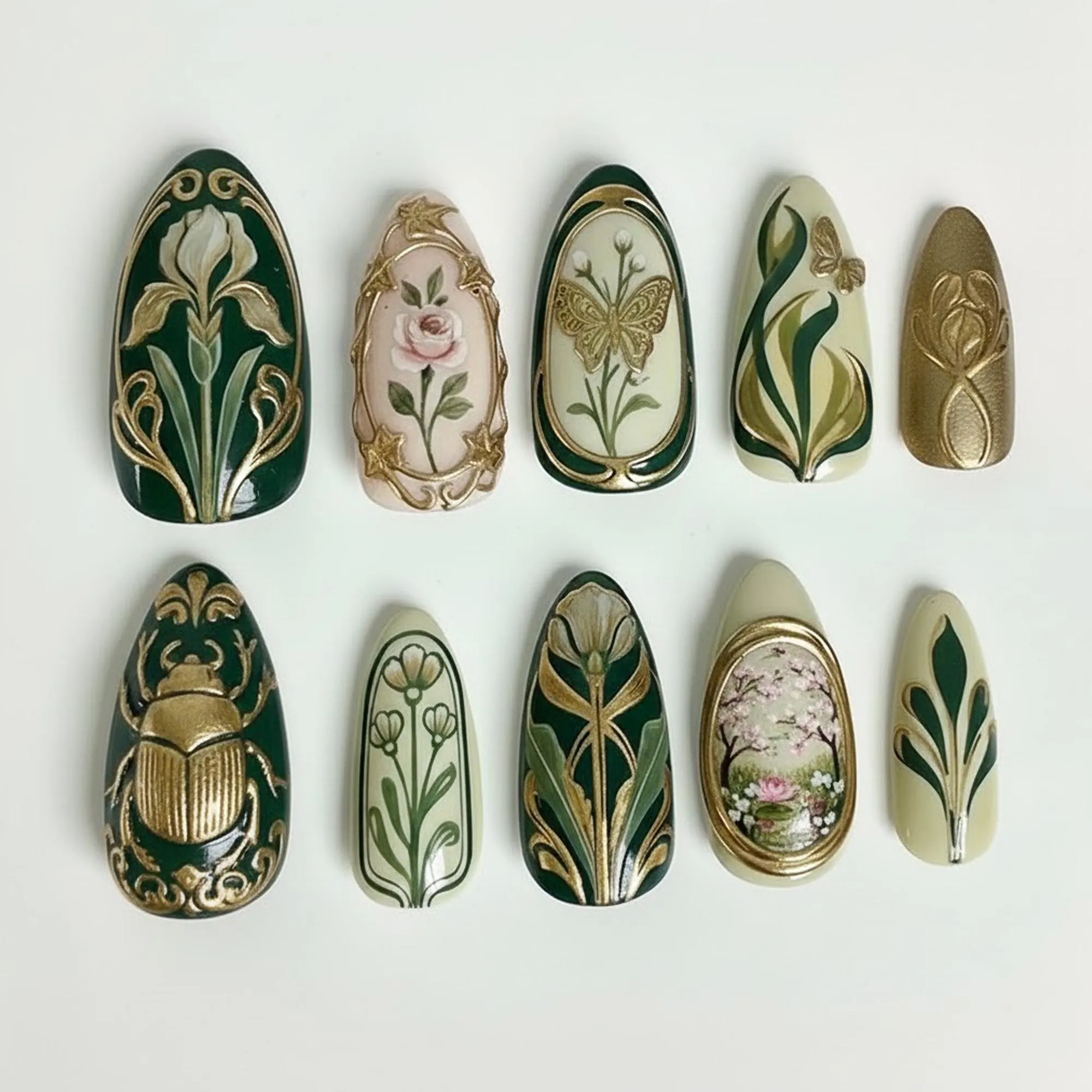Green and Gold Floral Press On Nails, Vintage Art Nouveau Butterfly Nail Set, Press On Nail