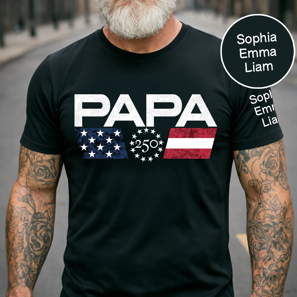 Personalized Papa 250 Years of Freedom Shirt with Kids Names on Sleeve, Patriotic Father’s Day Birthday Gift for Grandpa