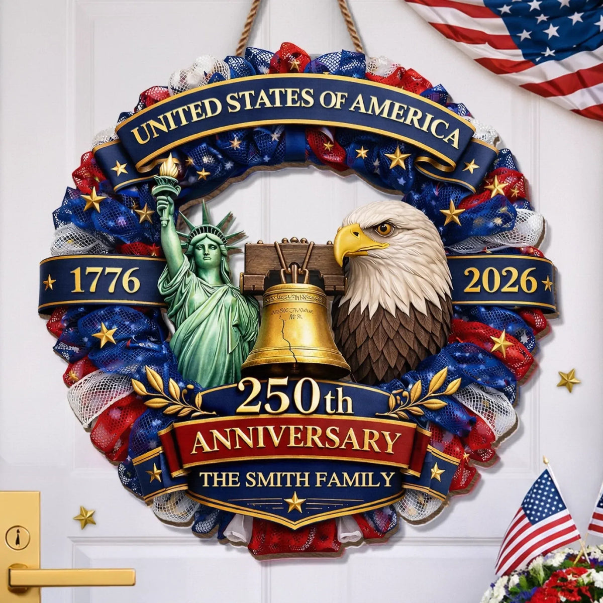 Personalized America 250 Liberty Wreath Custom Wood Sign, Independence Decor, Family Gift