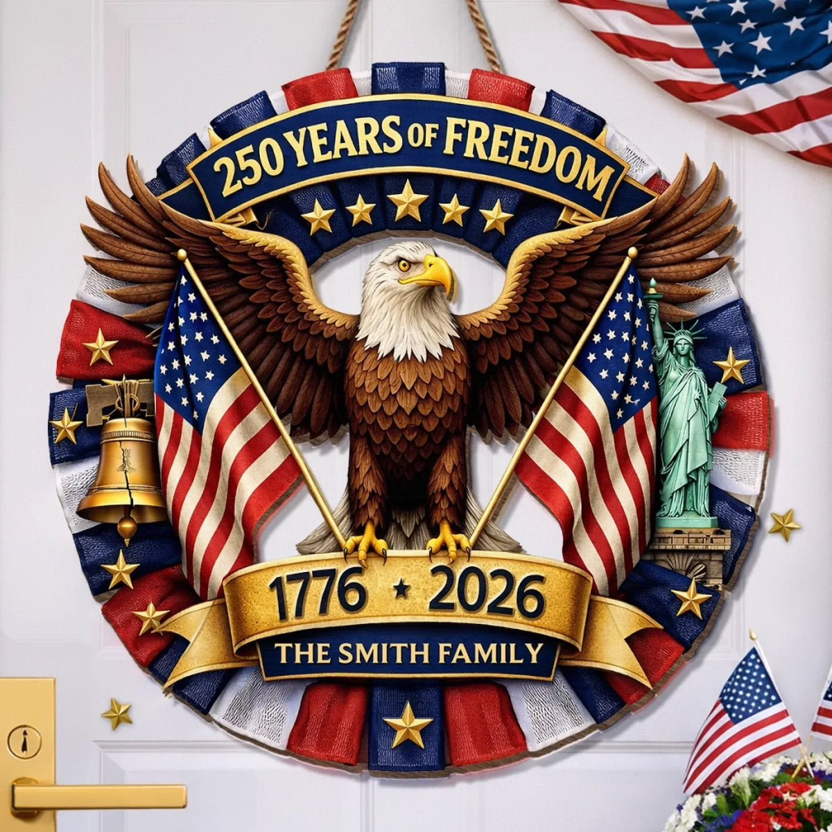 Personalized Freedom 250 Eagle Wreath Custom Wood Sign, USA Door Decoration, Family Gift