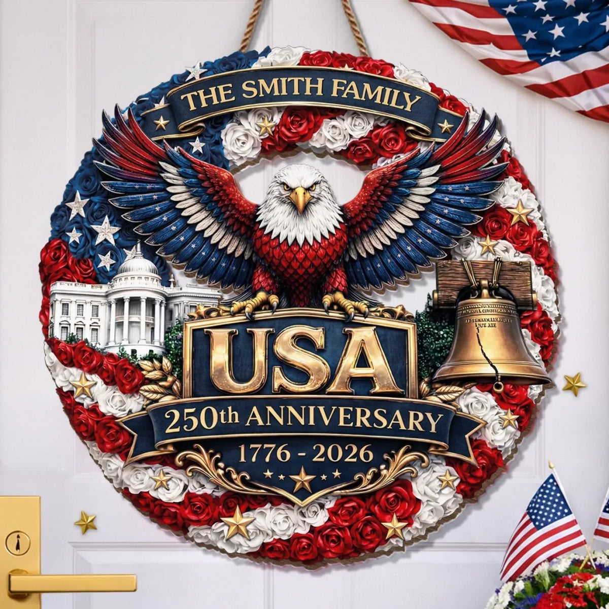 USA 250 Eagle White House Custom Wood Sign, American Door Decor, Independence Day Gift