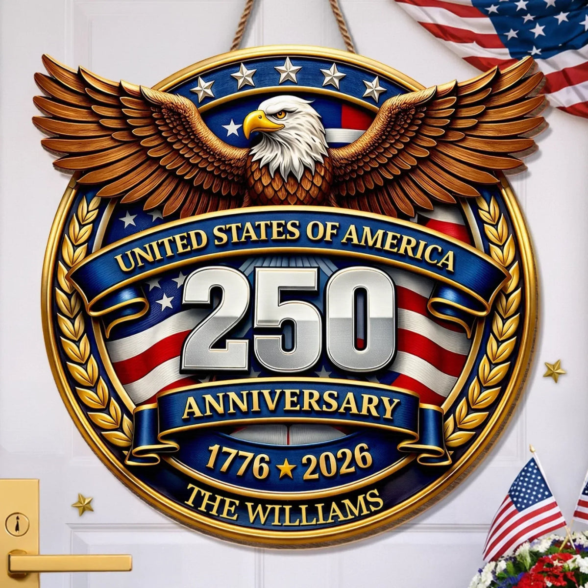 America 250 Eagle Emblem Custom Wood Sign, Fourth Of July Decor, Family Name Gift