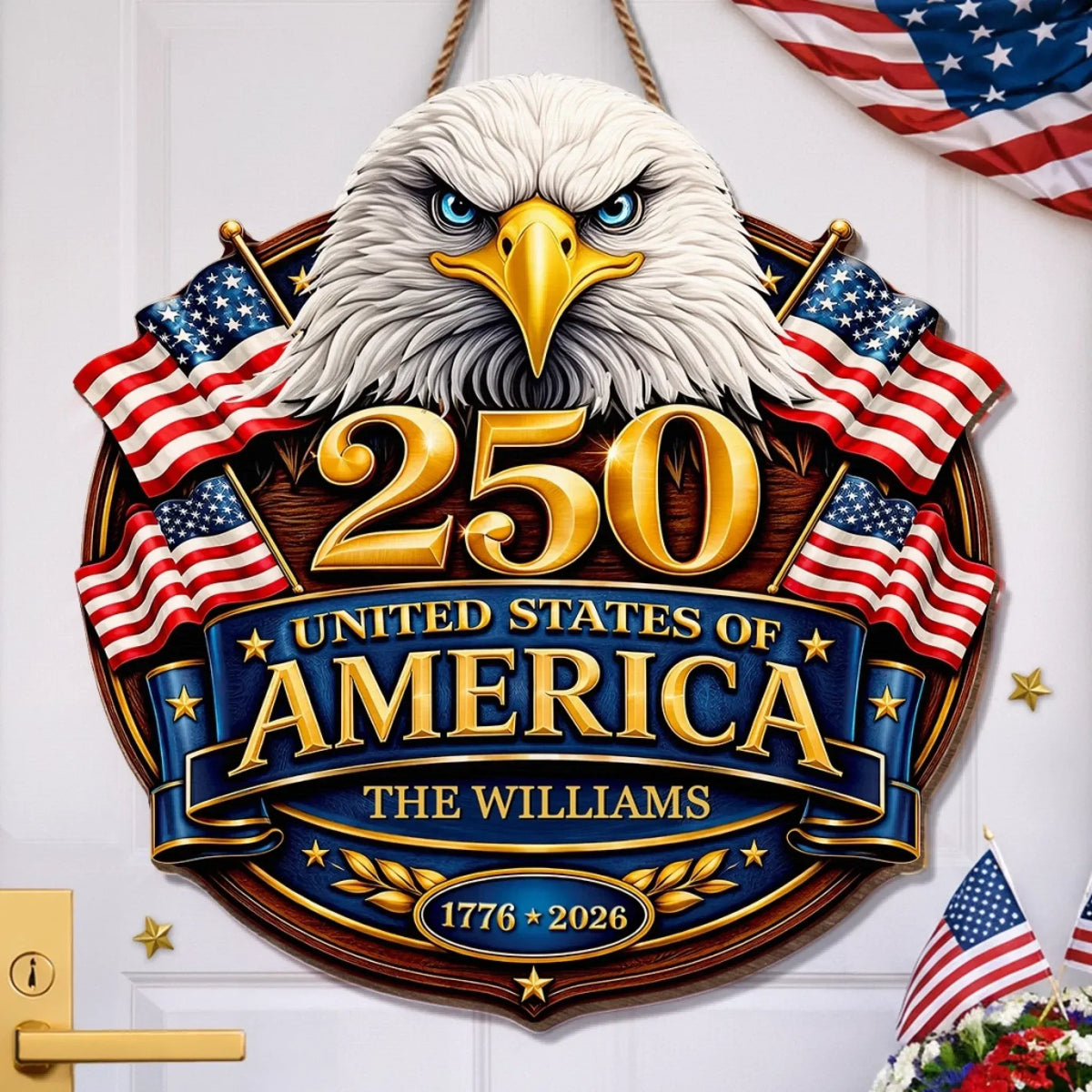 America 250 Bald Eagle Custom Wood Sign, USA Door Decoration, Patriotic Family Gift