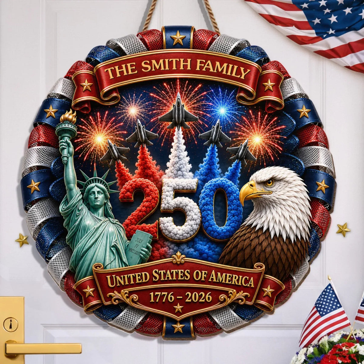 America 250 Fighter Jet Eagle Custom Wood Sign, Patriotic Door Decor, July 4th Gift