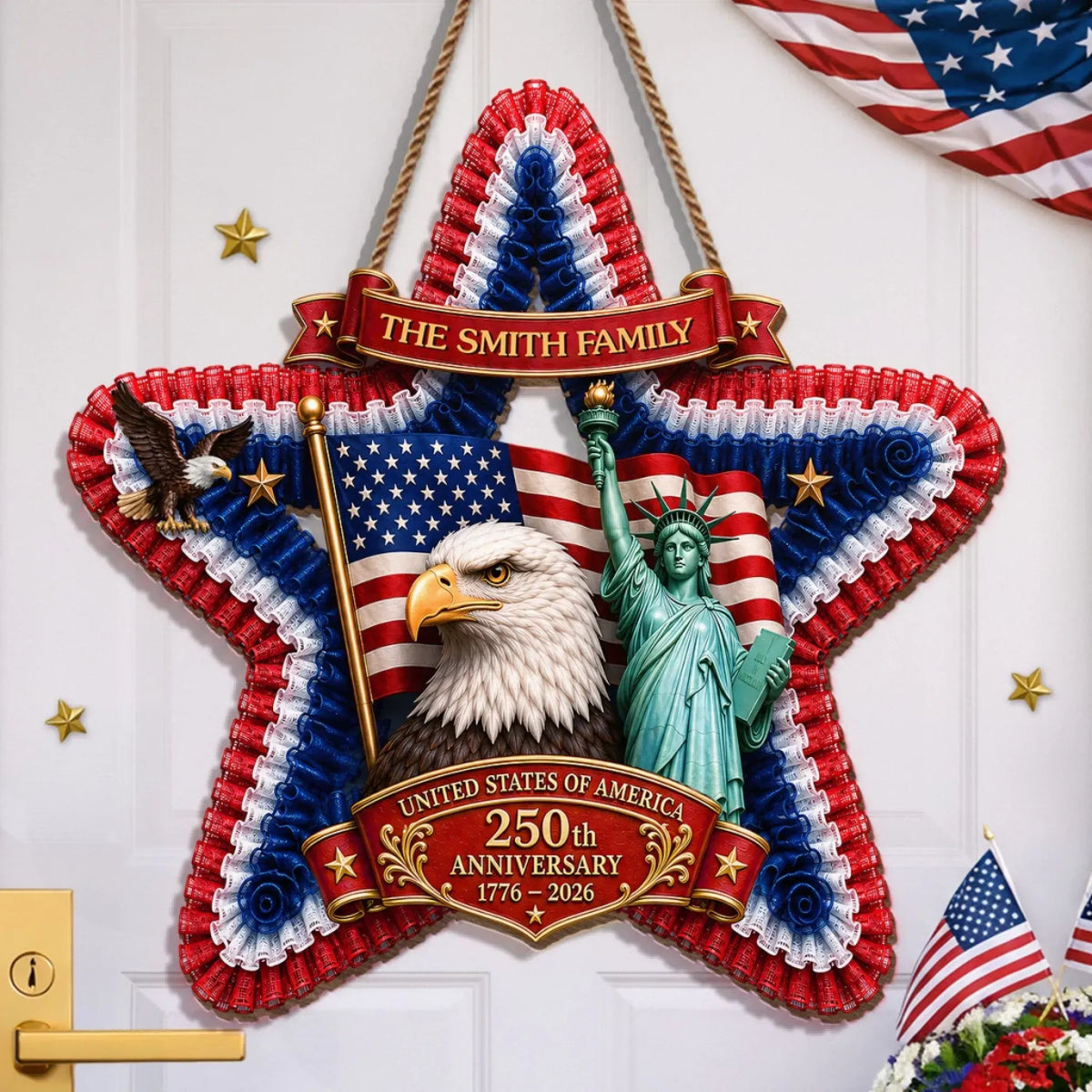 America 250 Eagle Liberty Star Custom Wood Sign, Patriotic Door Decor, Family Gift