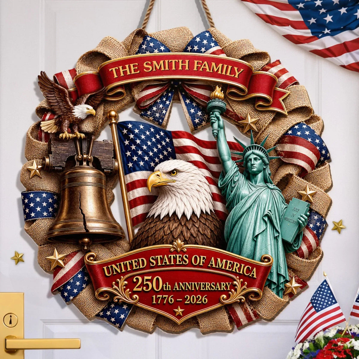America 250 Eagle Liberty Bell Custom Wood Sign, Rustic Door Wreath, New Home Gift