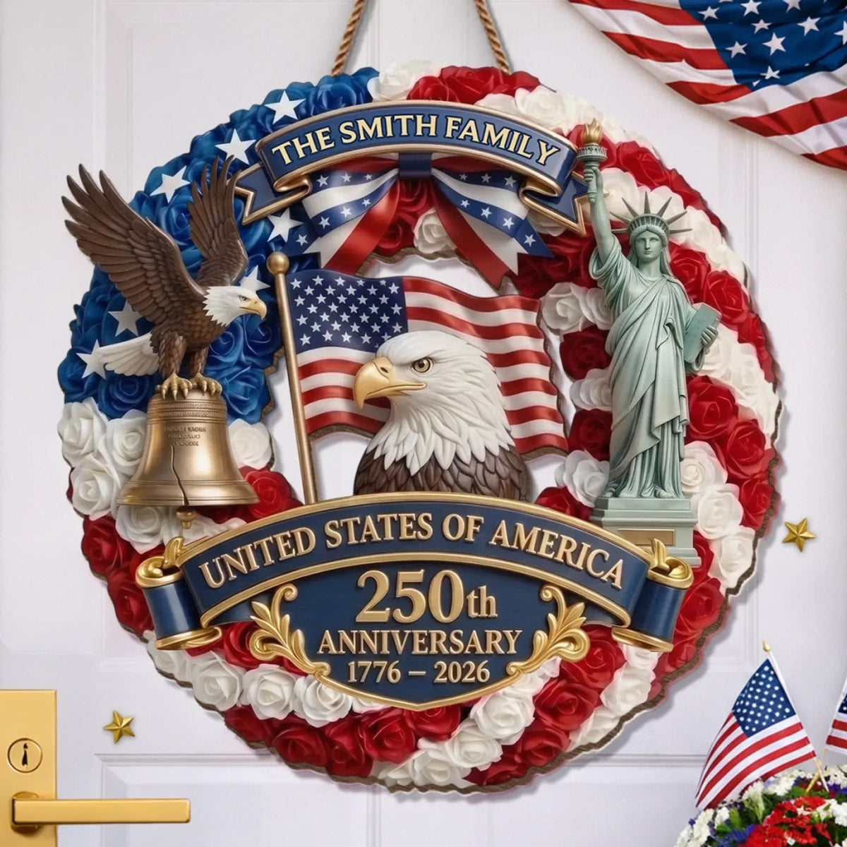 Personalized America 250 Eagle Rose Custom Wood Sign, Patriotic Door Decor, Family Gift