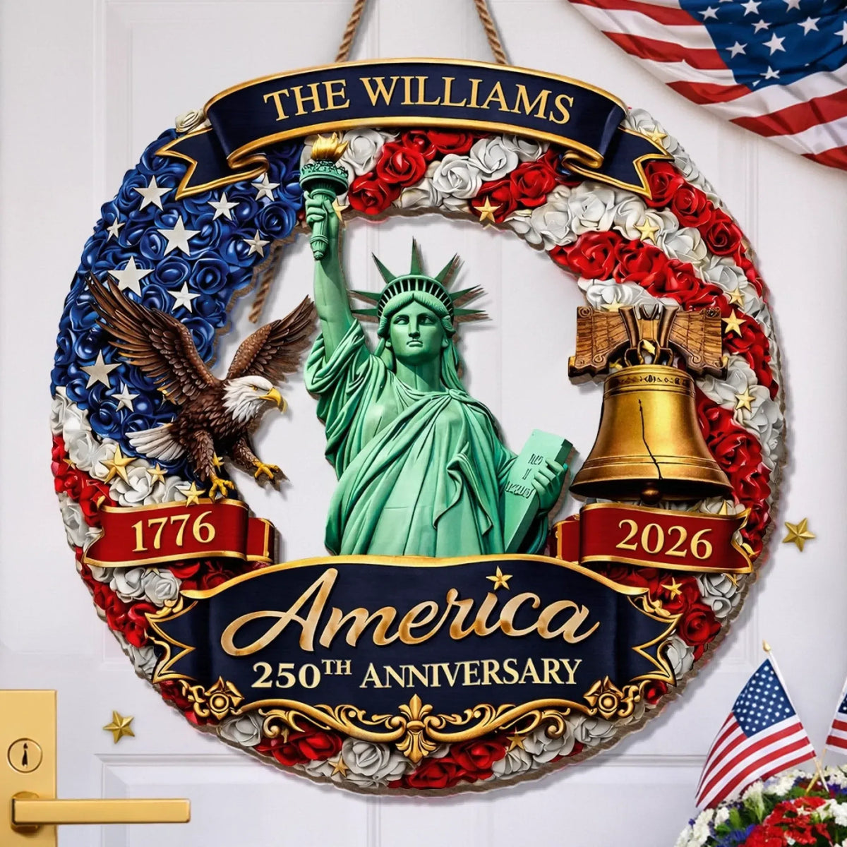 America 250 Liberty Statue Custom Wood Sign, Patriotic Door Decor, Family Name Gift