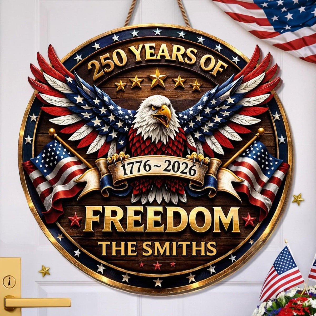 Personalized 250 Years Of Freedom Eagle Custom Wood Sign, American Decor, Family Gift