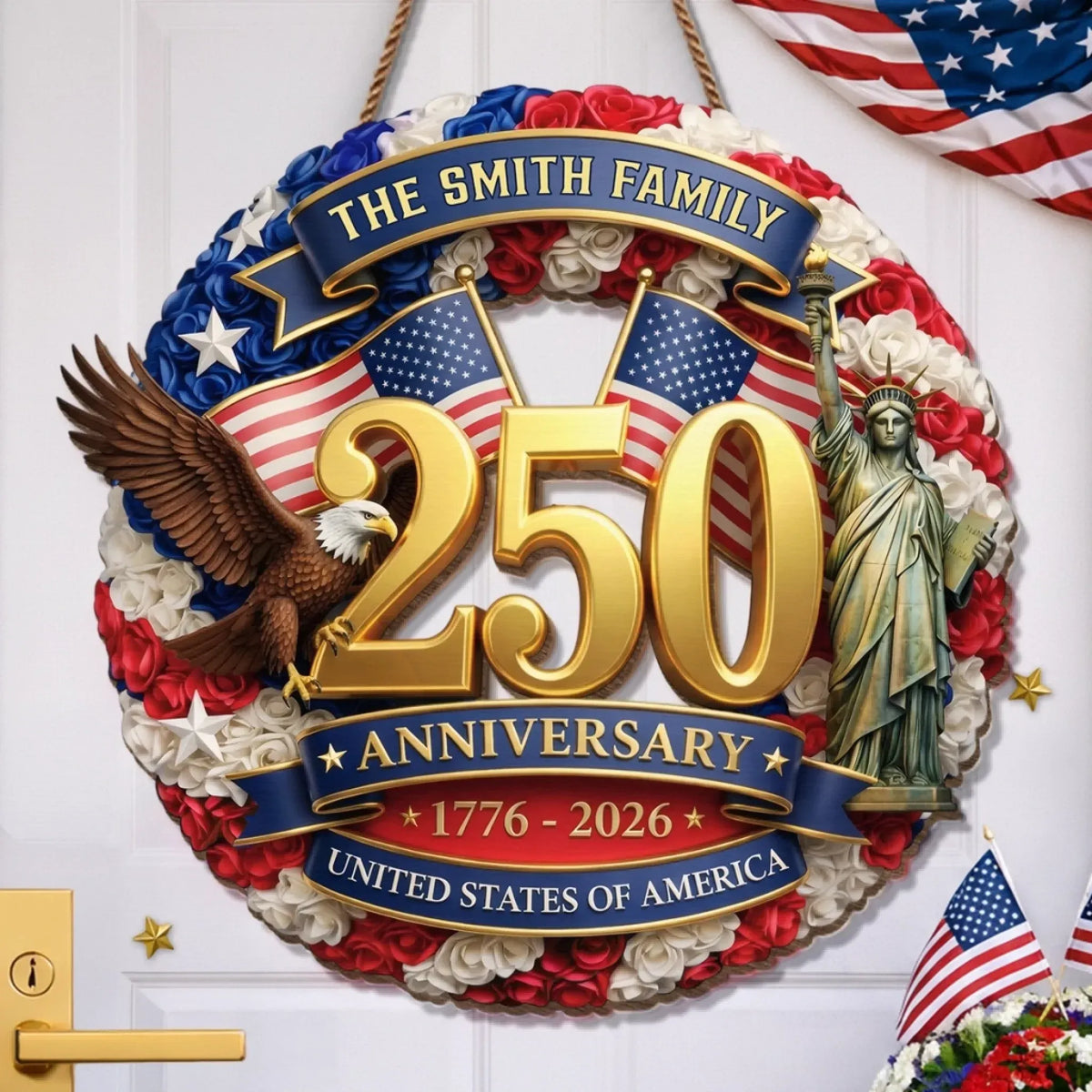 Personalized America 250 Anniversary Custom Wood Sign, Patriotic Door Decor, Family Gift