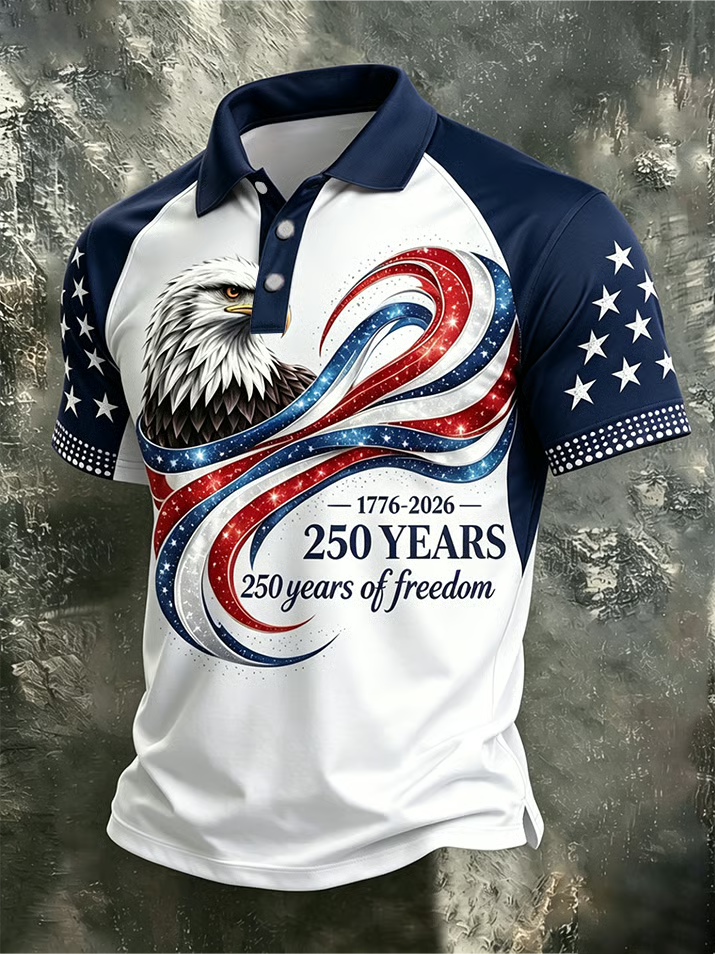 USA 250 Years Men's Polo, Patriotic Eagle Ribbon Design, 4th Of July Polo