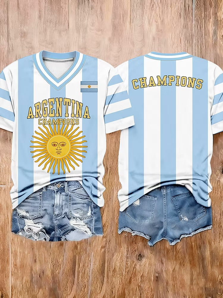 Argentina 3-Star Champion V-neck Shirt, Half Time Show Gameday Shirts, Women's Baseball Top