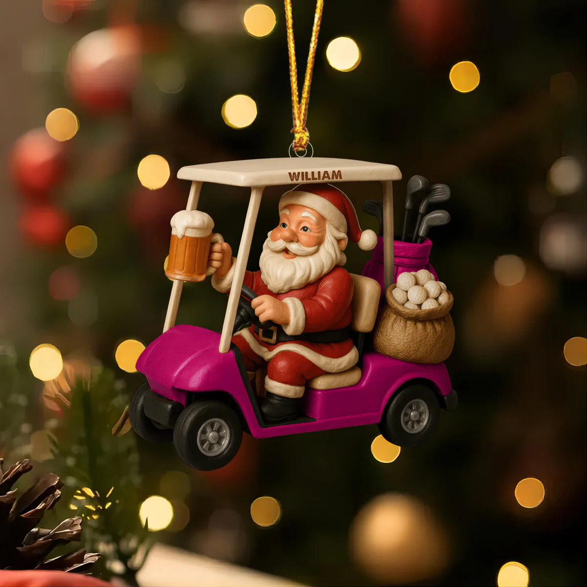 Santa Claus In Golf Cart Ornament, Gifts For Beer Lovers, Personalized Christmas Ornaments