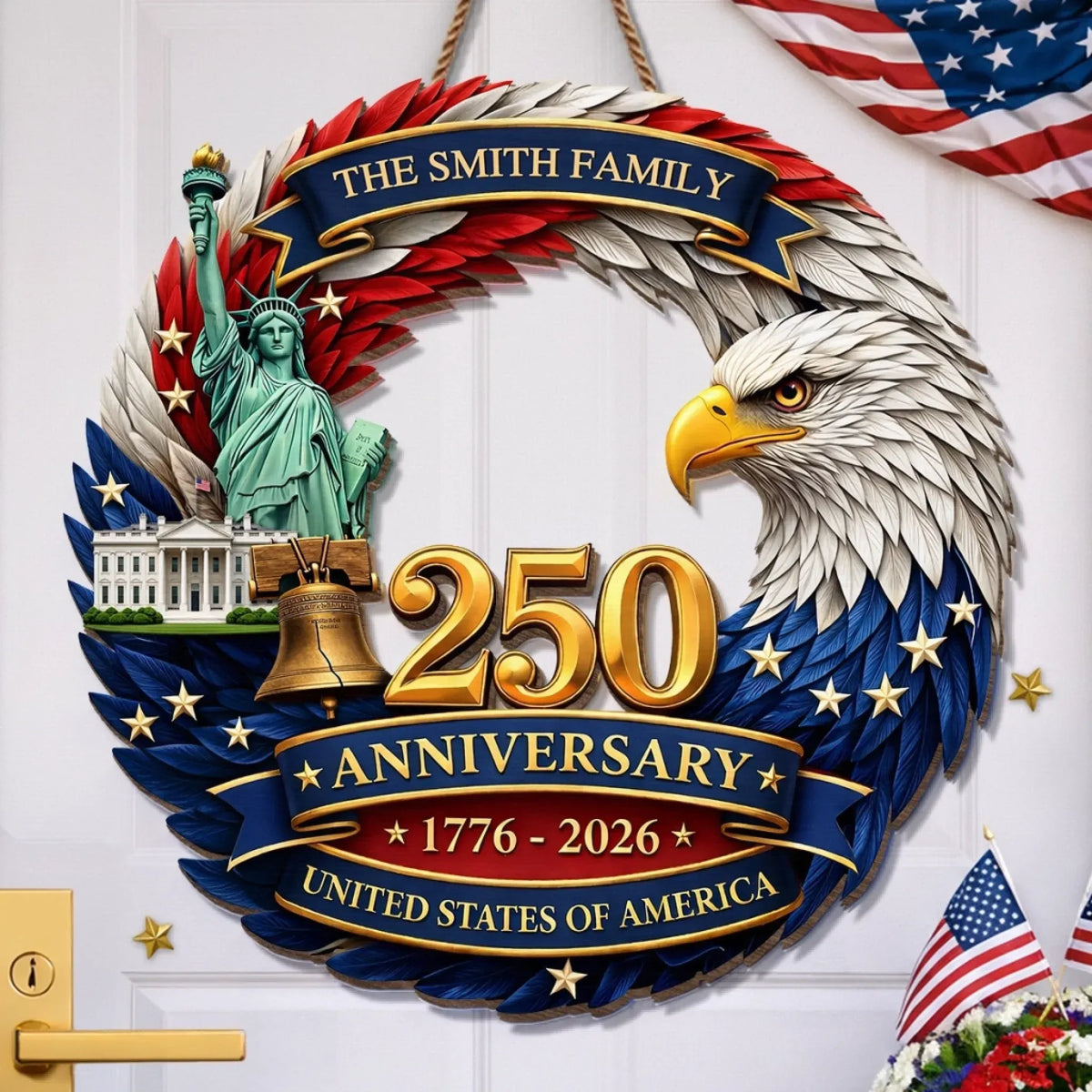 America 250 Eagle And White House Custom Wood Sign, USA Wall Decor, Family Name Gift