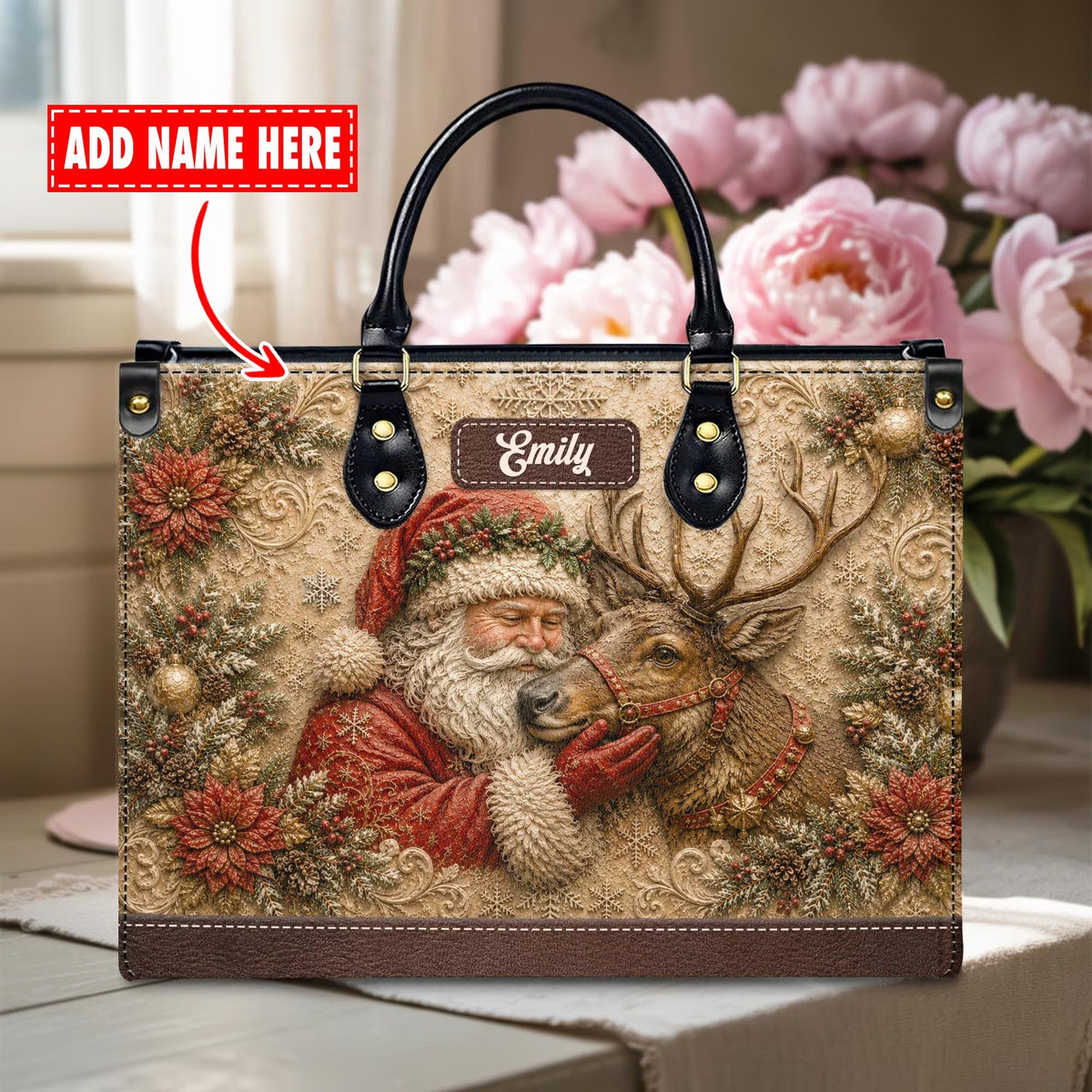 Custom Santa Reindeer Leather Handbag, Christmas Purse, Holiday Gift For Her