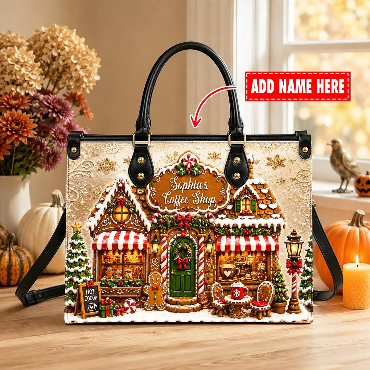 Custom Gingerbread Cafe Leather Handbag, Christmas Handbag, Holiday Gift For Her
