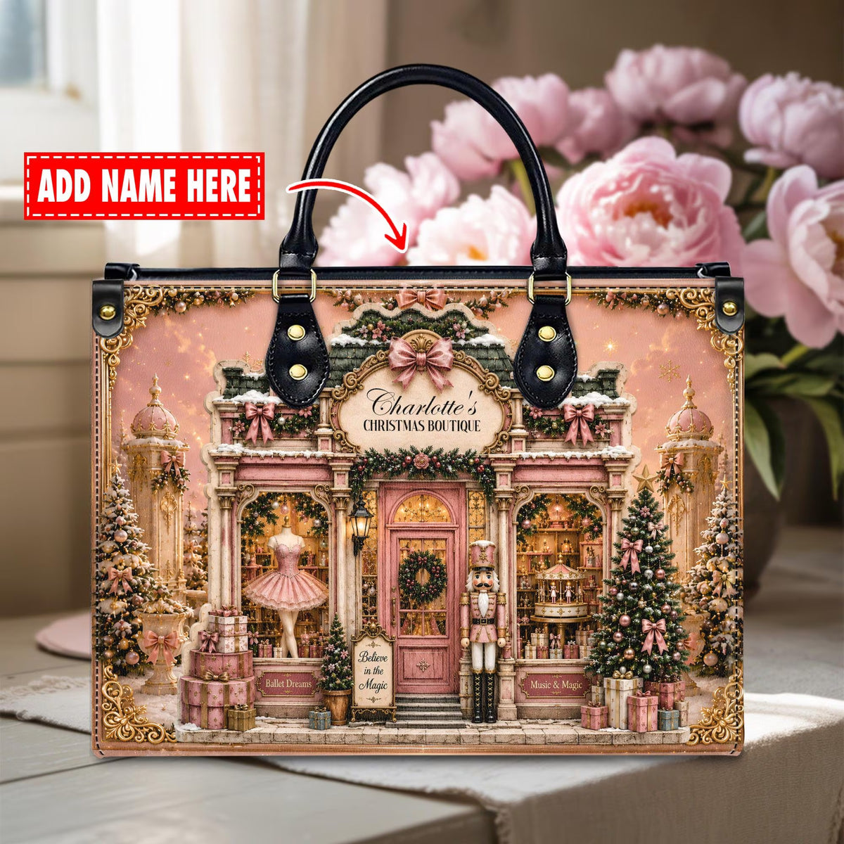 Custom Christmas Boutique Leather Handbag, Holiday Purse, Christmas Gift