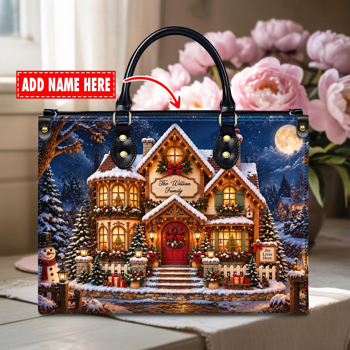 Custom Christmas Home Leather Handbag, Holiday Purse, Gift for Women