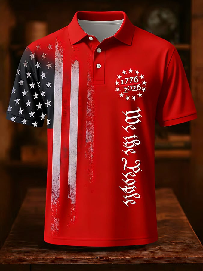 1776-2026 We The People American Flag Pattern Red Distressed Polo Shirt, 250th Anniversary 4th Of July Polo