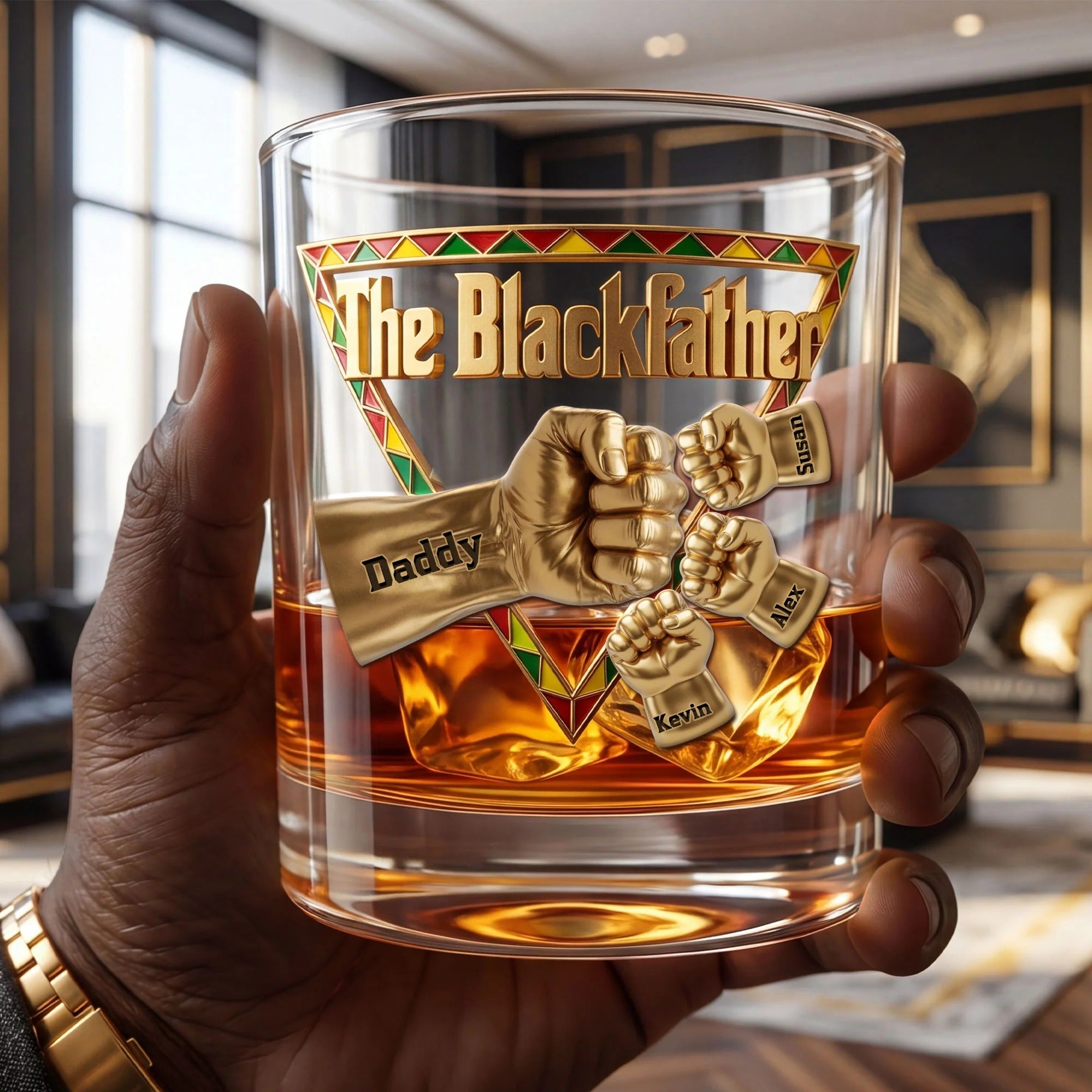 Black Father Whiskey Glass, Round Glass Gift for Dad with Kids Names, Father's Day Gift For Dad
