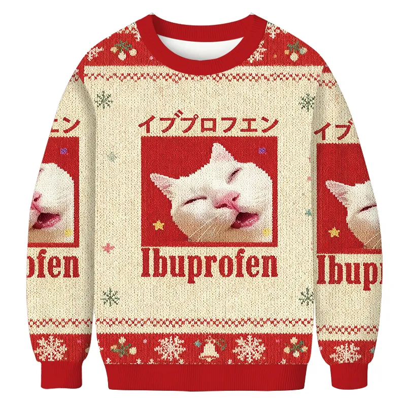 Red Ibuprofen Meme Cat Ugly Sweater, Funny Ugly Christmas Sweater, Christmas Ugly Sweatshirt