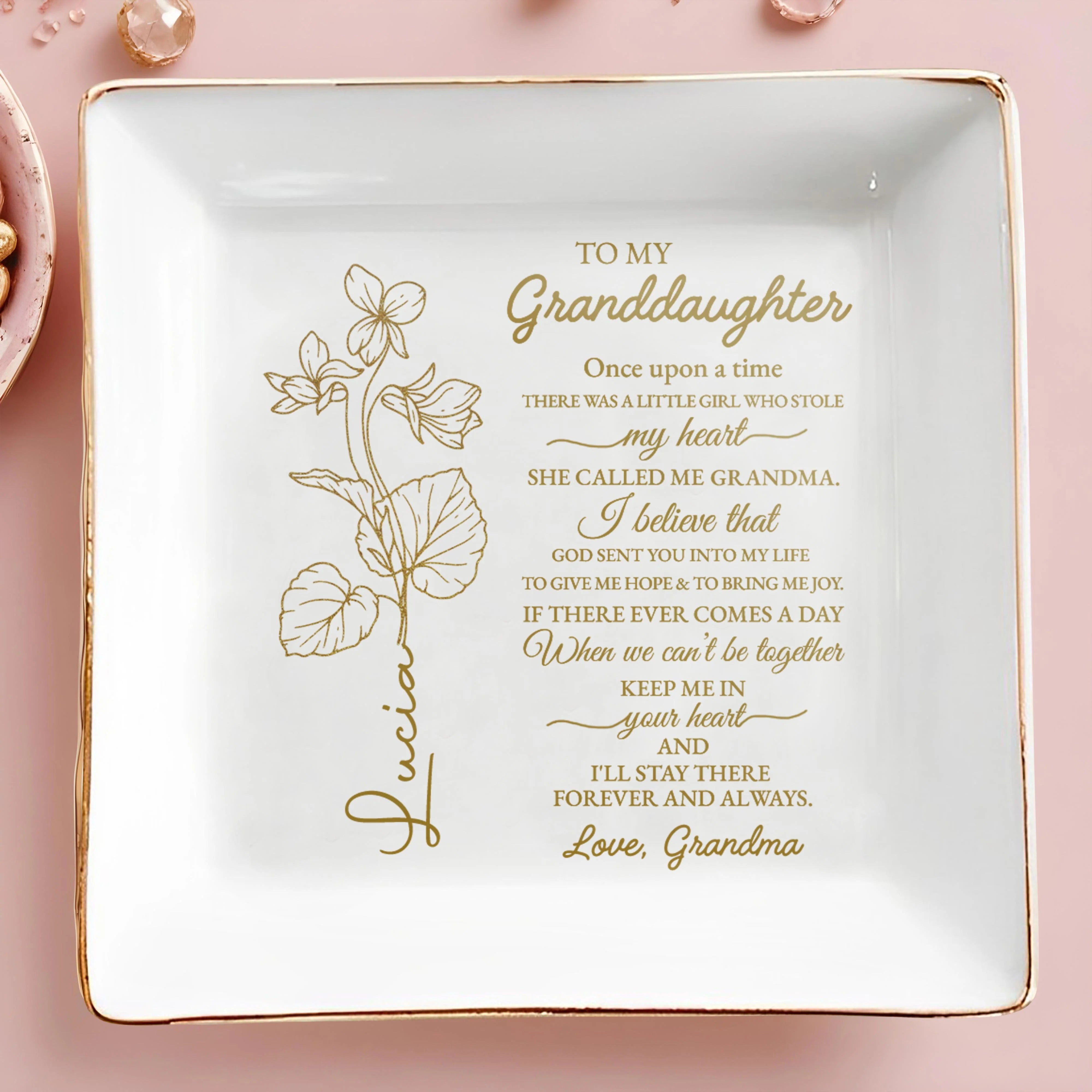 To My Granddaughter - Love And Flowers Personalized Custom Jewelry Dish - Gift For Granddaughters