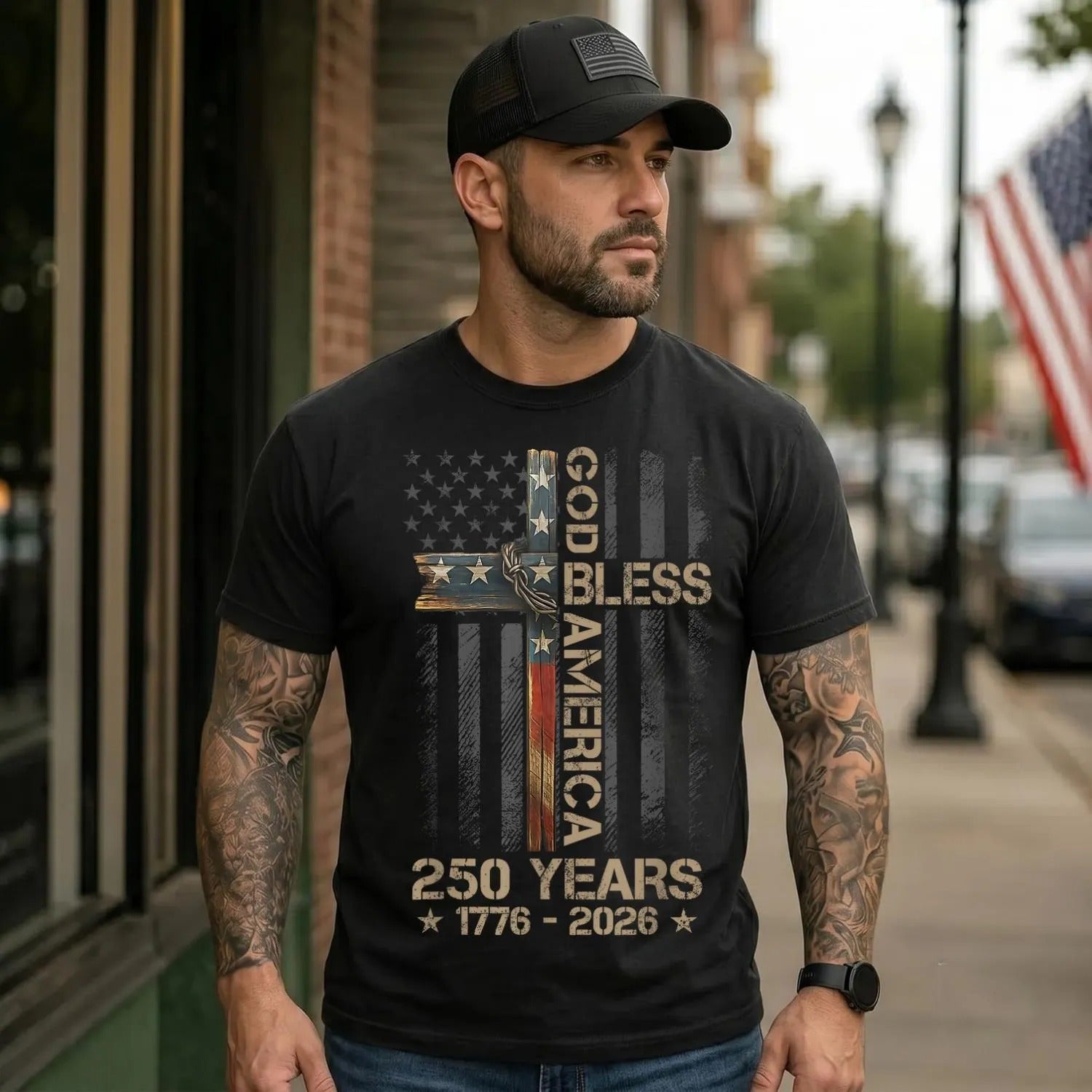 God Bless America 250 Years Shirt, Vintage American Flag Cross Design, 4th Of July Shirt