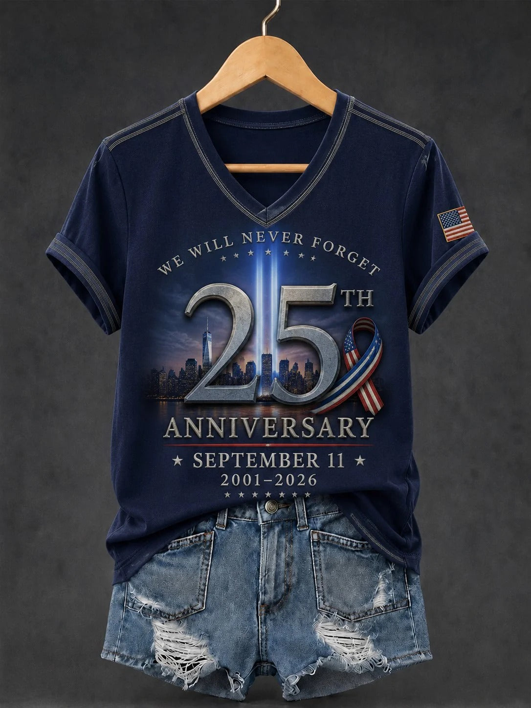 We Will Never Forget September 11 V-neck, 25th Anniversary Patriotic Shirt, 9/11 Memorial Shirt