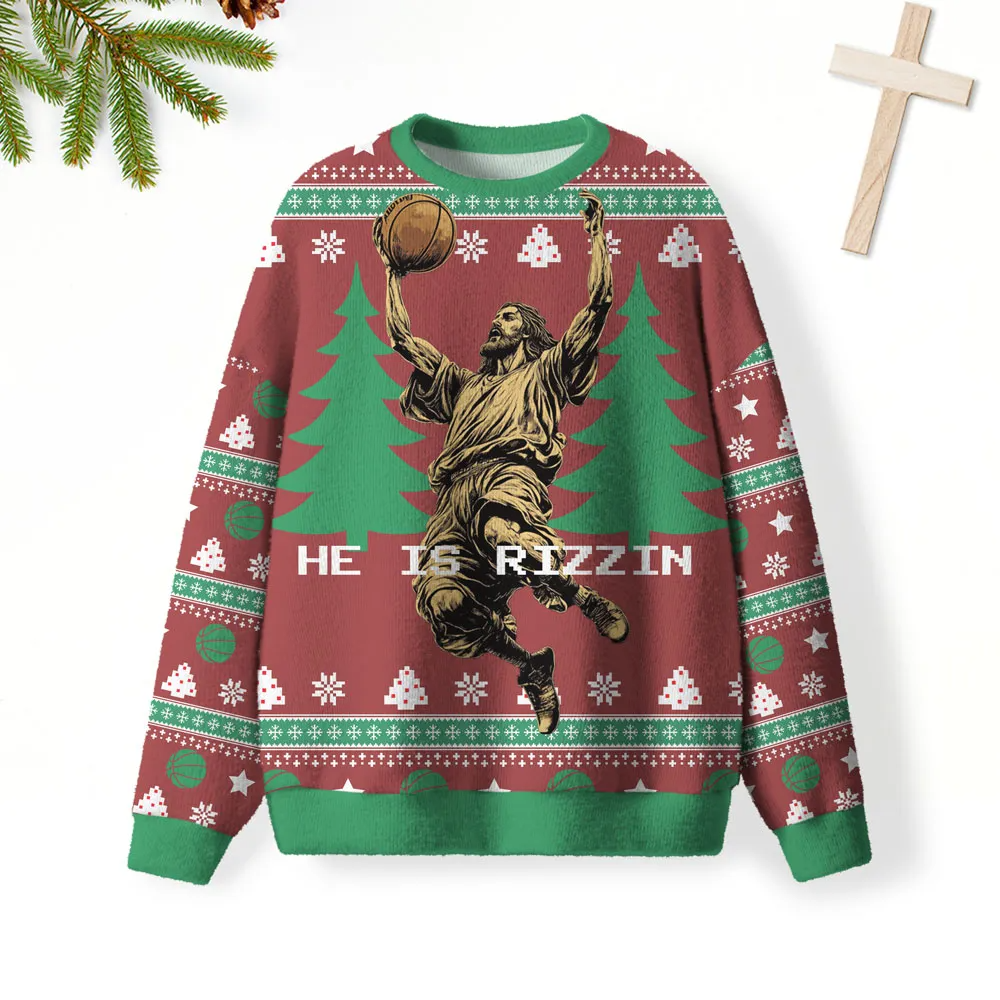 He Is Rizzin Christmas Christian Funny Ugly Sweater, Ugly Xmas Sweater, Christmas Ugly Sweatshirt