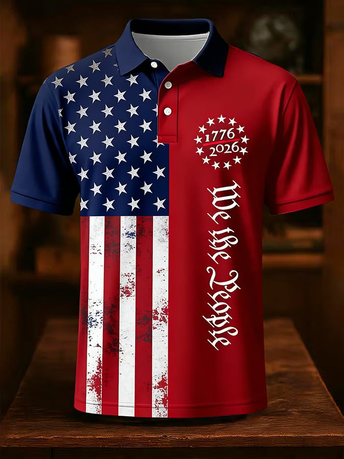1776-2026 We The People American Flag Pattern Red Blue Distressed Polo Shirt, 250th Anniversary 4th Of July Polo
