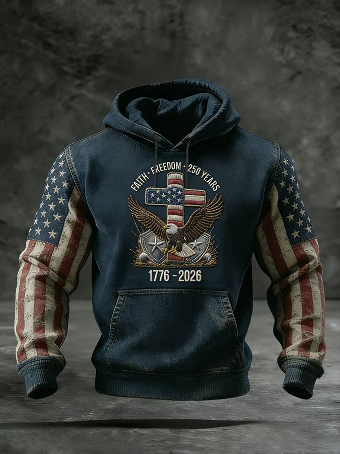 Faith Freedom 250 Years American Flag Pattern Distressed Hoodie, 250th Anniversary Cool 4th Of July Shirt