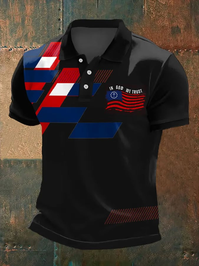 In God We Trust American Flag Pattern Black Polo, 250th Anniversary 4th Of July Polo Shirts For Men