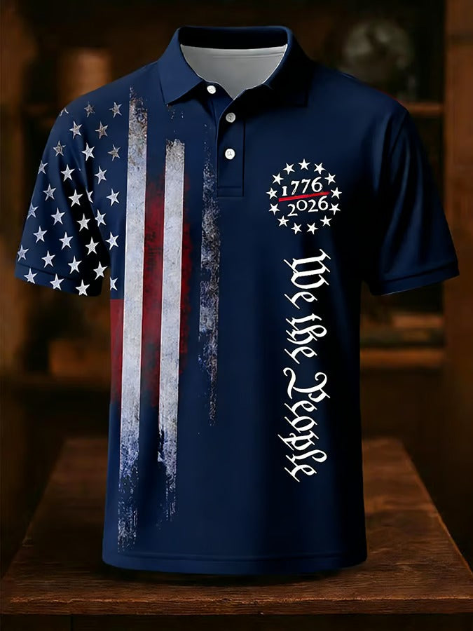 1776-2026 We The People American Flag Pattern Navy Distressed Polo Shirt, 250th Anniversary 4th Of July Polo