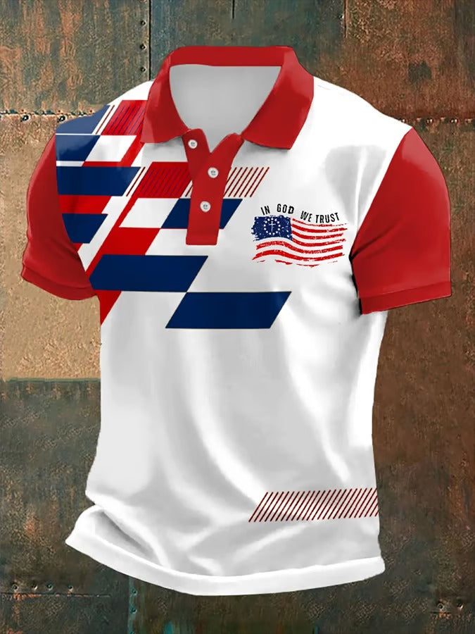 In God We Trust American Flag Pattern Red Polo, 250th Anniversary 4th Of July Polo Shirts For Men