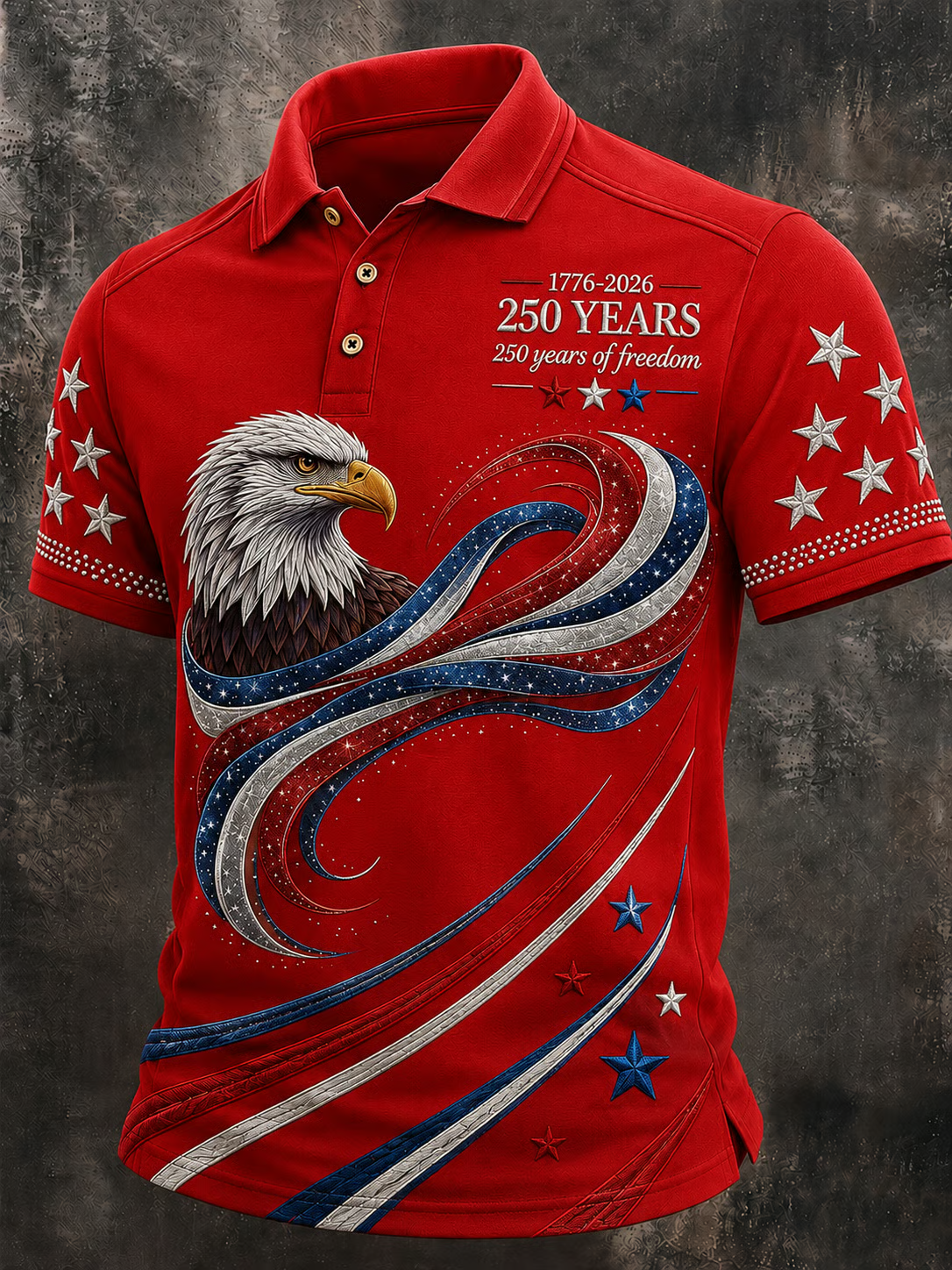 Luxury Eagle USA 250 Men's Polo Shirt, Rhinestone Flag Ribbon Design, Independence Day Shirt