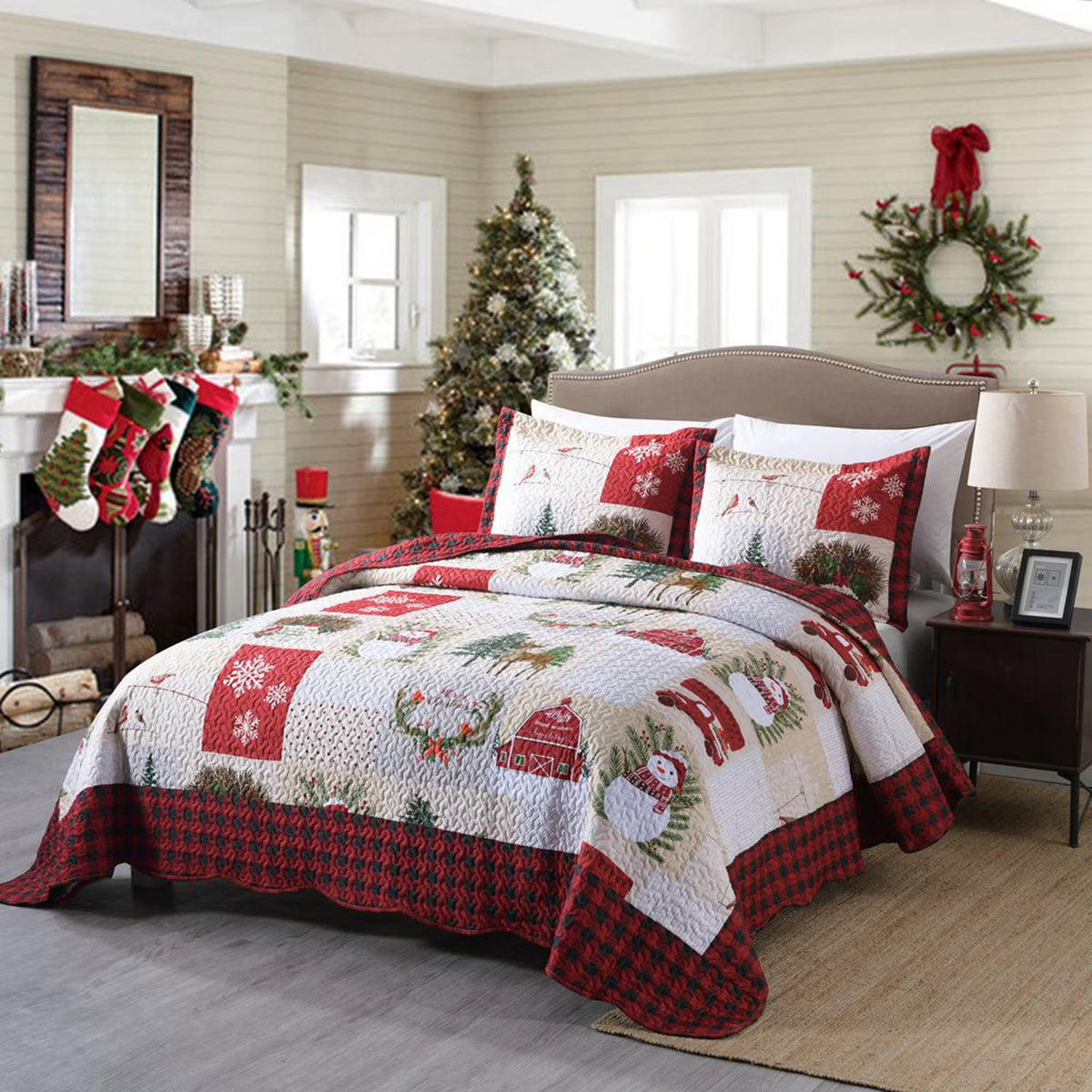 Rustic Farmhouse Christmas Quilted Bedding Set, Family Christmas Gift, Holiday Decor