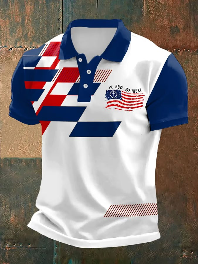 In God We Trust American Flag Pattern Navy Polo, 250th Anniversary 4th Of July Polo Shirts For Men