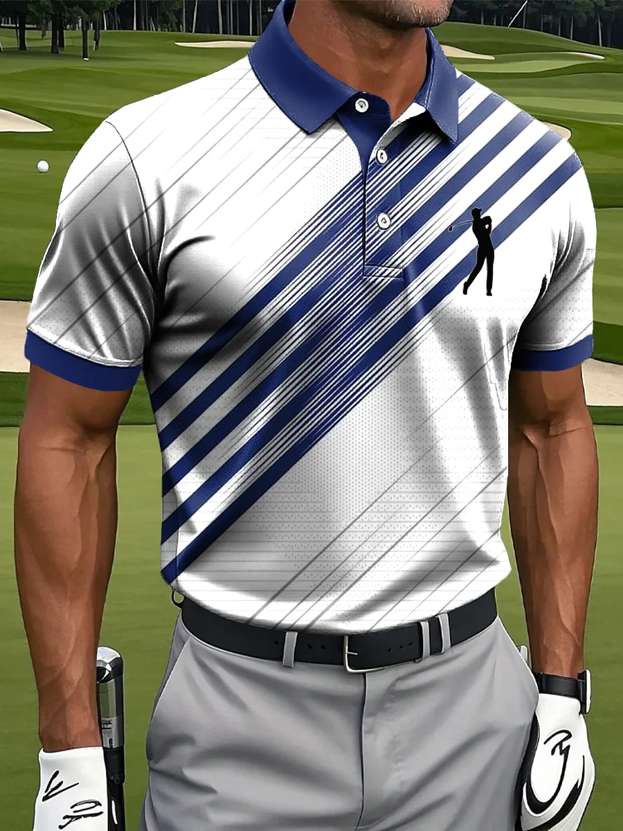 Abstract Gradient Stripe Art Print Casual Business Polo Shirt, Polo Shirts For Men, Golf Gift For Men