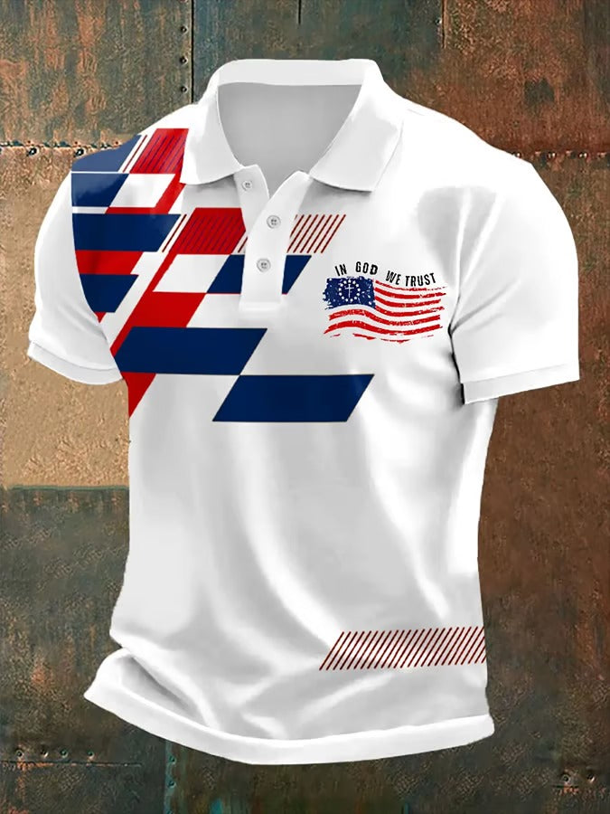 In God We Trust American Flag Pattern White Polo, 250th Anniversary 4th Of July Polo Shirts For Men
